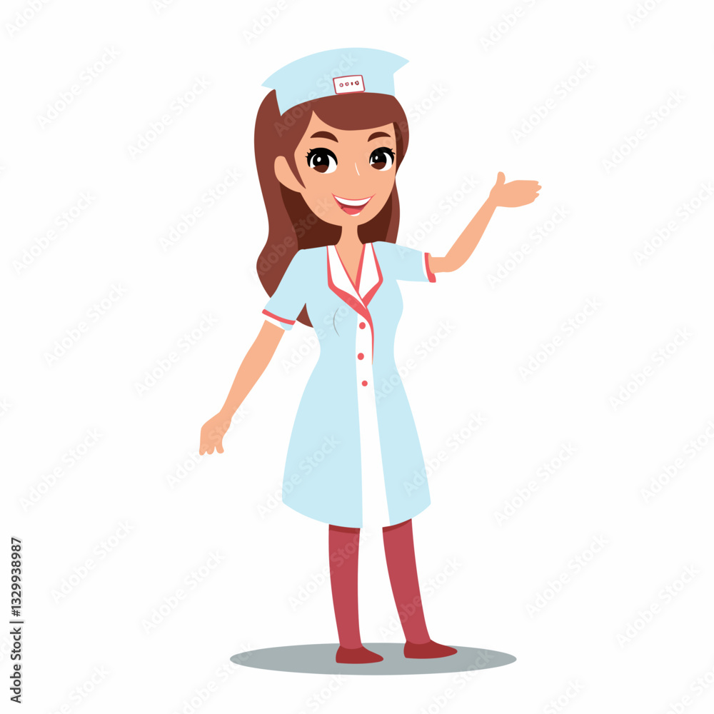 Smiling female nurse in a white uniform gesturing with one hand
Smiling female nurse in a white uniform gesturing with one hand