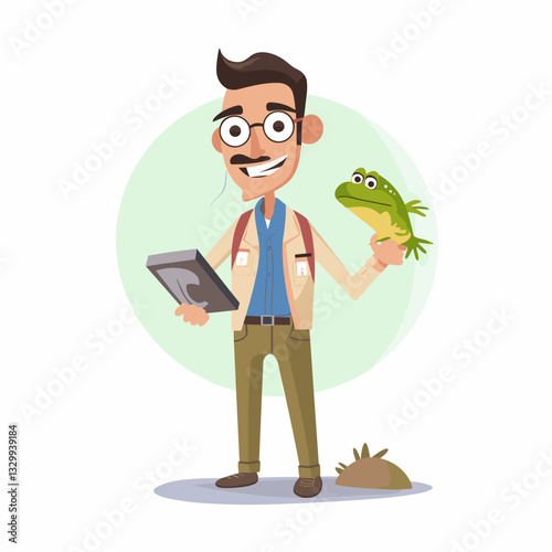 A cartoon biologist in a tan vest and blue shirt holds a green frog while standing outdoors with a clipboard. The character represents nature exploration and science.

