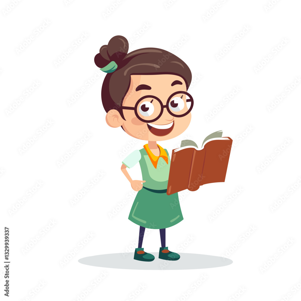 A cute cartoon schoolgirl wearing glasses and holding an open book, symbolizing education and learning A cute cartoon schoolgirl wearing glasses and holding an open book, symbolizing education and learning