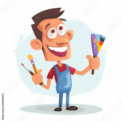 A cheerful cartoon artist holding paintbrushes and a color palette, symbolizing creativity and artistic passion

