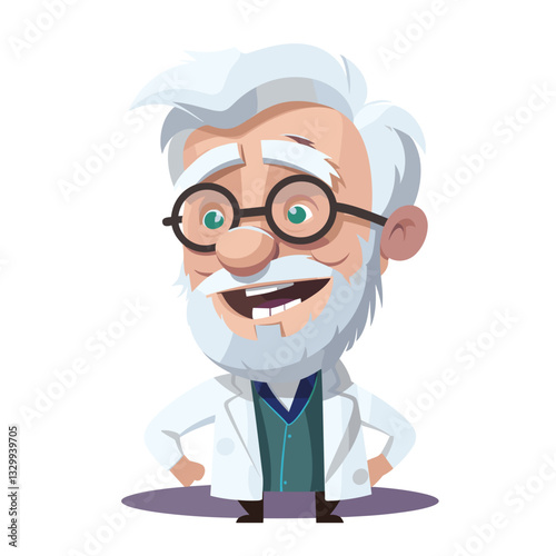 A wise-looking elderly cartoon scientist with white hair, glasses, and a lab coat, symbolizing intelligence and experience in research