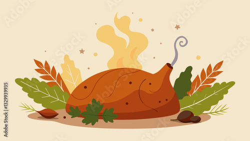 The distinctive aroma of slowroasting cuy fills the air blending with the savory scent of traditional es and herbs.. Vector illustration
