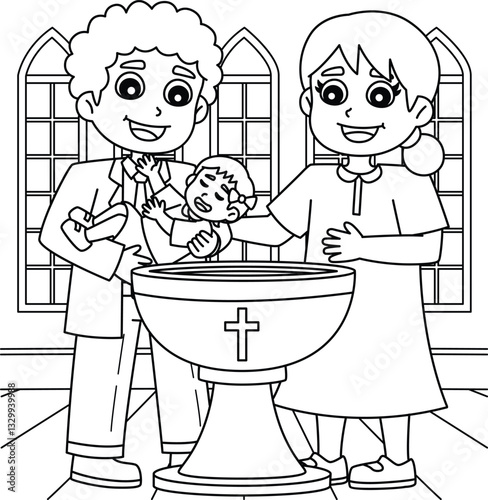 Baptism Day with Parents Coloring Page for Kids 