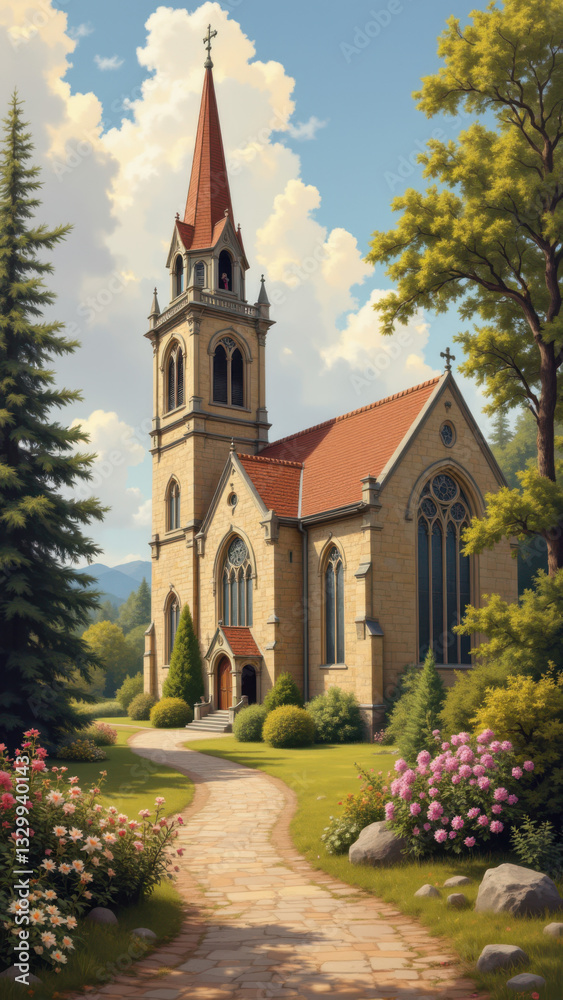 A quaint Christian church with a vibrant garden and path leading up to its entrance. A quaint Christian church with a vibrant garden and path leading up to its entrance.