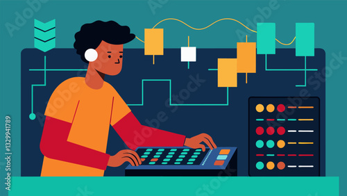 As the producer added a new layer of instrumentation to the track she could visualize the data flow through the audio interface manipulating the sound waves with each input.. Vector illustration
