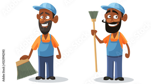 A cartoon street cleaner in blue overalls and an orange shirt, holding a broom and smiling, representing sanitation and public cleaning services