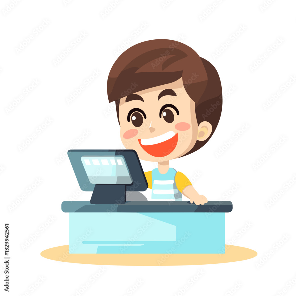 A cheerful cartoon cashier at a checkout counter, smiling while operating a cash register, representing the retail industry A cheerful cartoon cashier at a checkout counter, smiling while operating a cash register, representing the retail industry