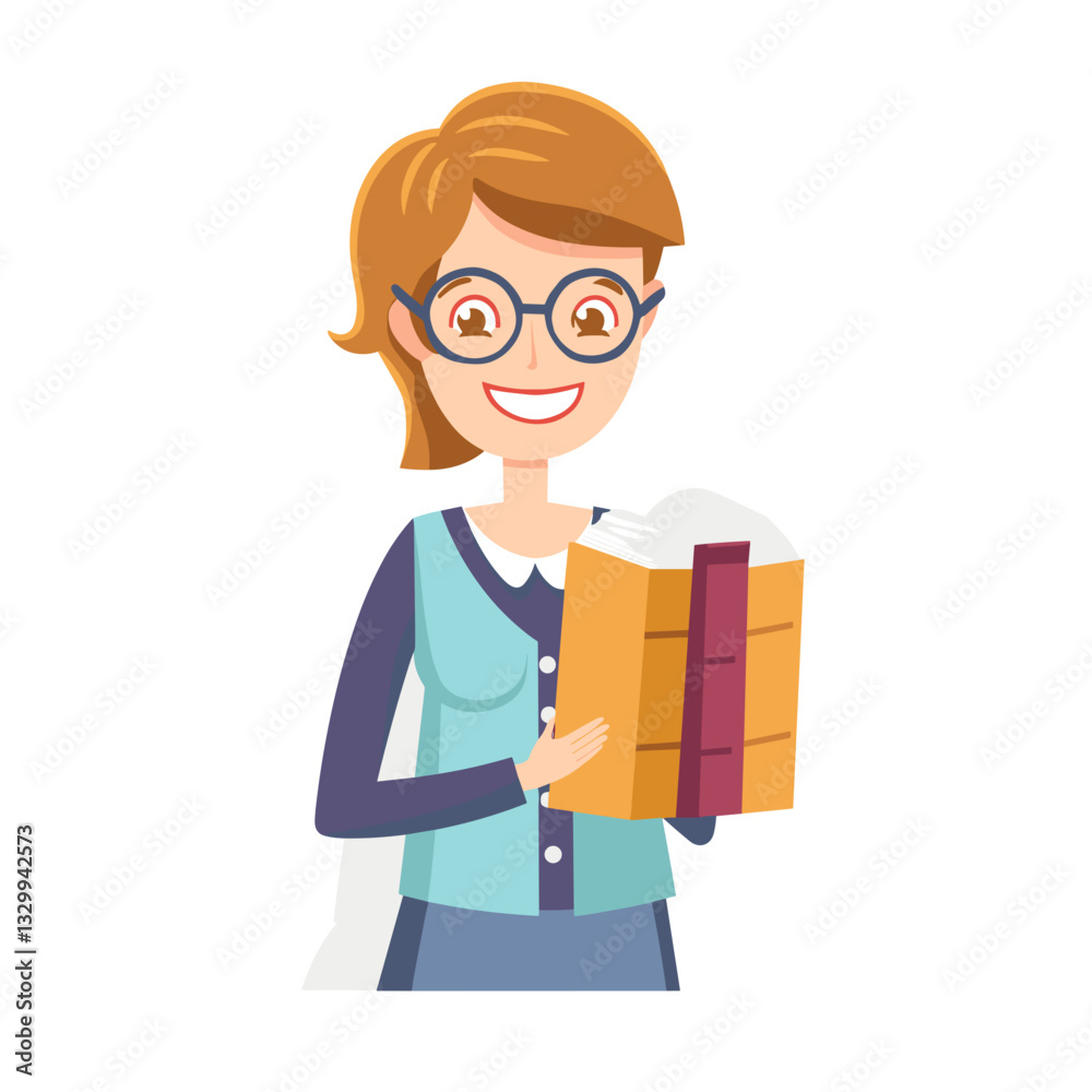 A smiling cartoon librarian holding a stack of books, symbolizing knowledge, education, and reading A smiling cartoon librarian holding a stack of books, symbolizing knowledge, education, and reading