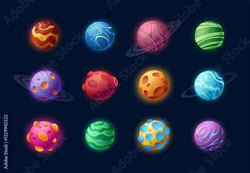 Alien space planets. Vector icon set of fantasy planets with craters, holes, asteroids, satellites, the Moon, hot lava, and bubbles. Planets for web design, UI, mystery books. Galaxy fantasy worlds