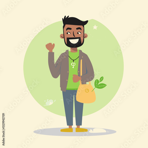 A cartoon character with a green bag and a plant, representing an environmentally conscious lifestyle and sustainability efforts