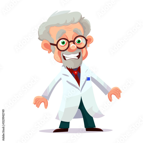 A cheerful cartoon scientist with glasses and a white lab coat, symbolizing research and scientific discovery