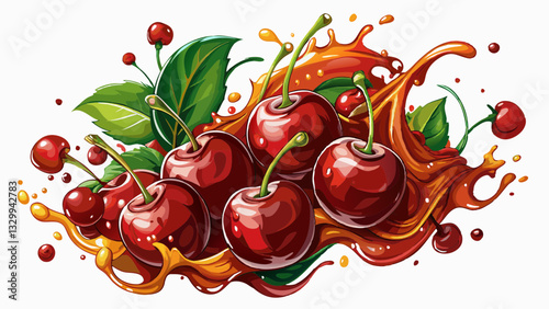 sweet cherries in juice splash isolated on a white background