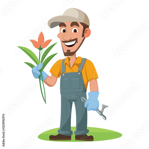 A smiling cartoon gardener in overalls and gloves holding a flower and a wrench, representing gardening and landscape maintenanc