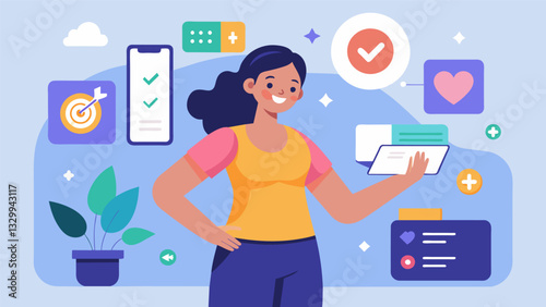 A woman checks off her completed goals on a digital wellness tracker given by her coach feeling accomplished and content with her newly balanced digital lifestyle.. Vector illustration