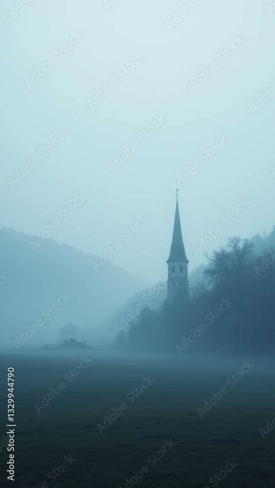 Fototapeta premium Misty medieval European village with a church tower.