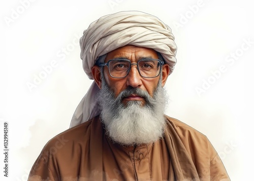 Elderly Middle Eastern Man in White Turban and Brown Robe, Watercolor Illustration