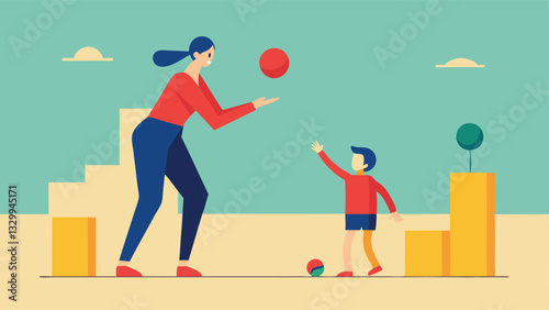 Joyful Mother's Day: Mom and Toddler Playing Catch in a Minimalist Flat Color Illustration. Perfect for cards, banners, social media, and websites celebrating motherhood and family