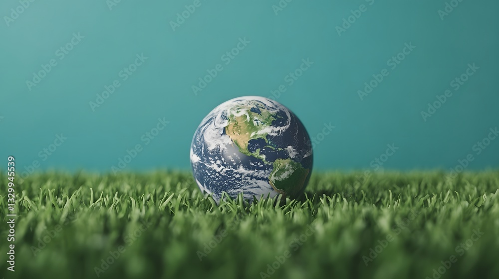Earth Floating Above Lush Green Grass Emphasizing Eco-Awareness and Green Energy Solutions Earth Floating Above Lush Green Grass Emphasizing Eco-Awareness and Green Energy Solutions