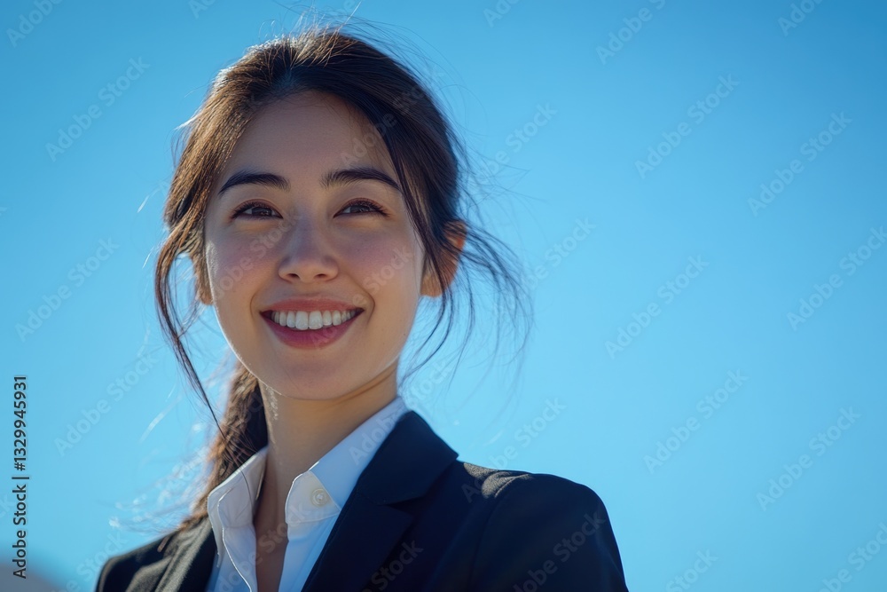 A smiling Japanese businesswoman wearing formal attire with a blue sky background. A smiling Japanese businesswoman wearing formal attire with a blue sky background.