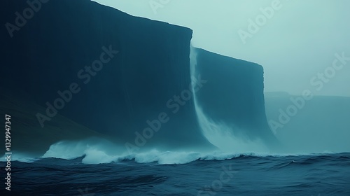 Waves crashing on cliffs with misty background, seascape
