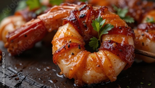 Delicious Grilled Bacon Wrapped Shrimp SkewersAppetizer Close Up
