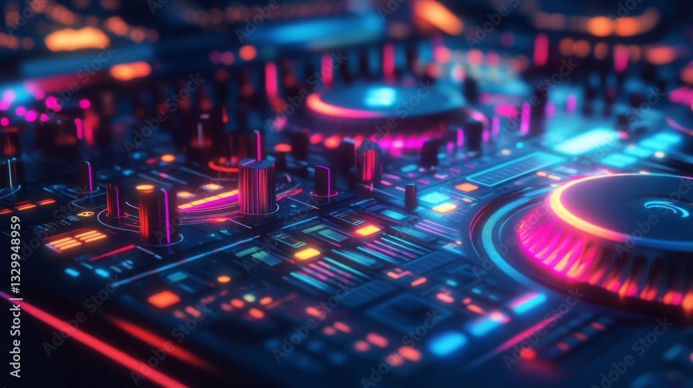 Closeup of Colorful Illuminated DJ Mixer Console Closeup of Colorful Illuminated DJ Mixer Console