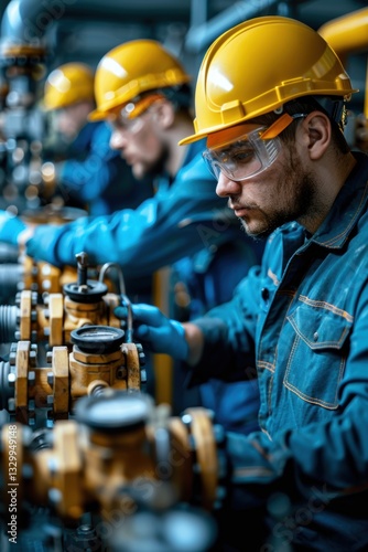 Man in a yellow helmet is working on a machine