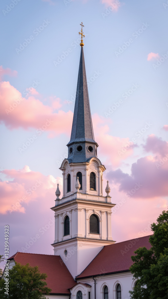 Fototapeta premium Historic church with tall steeple against sunset sky.