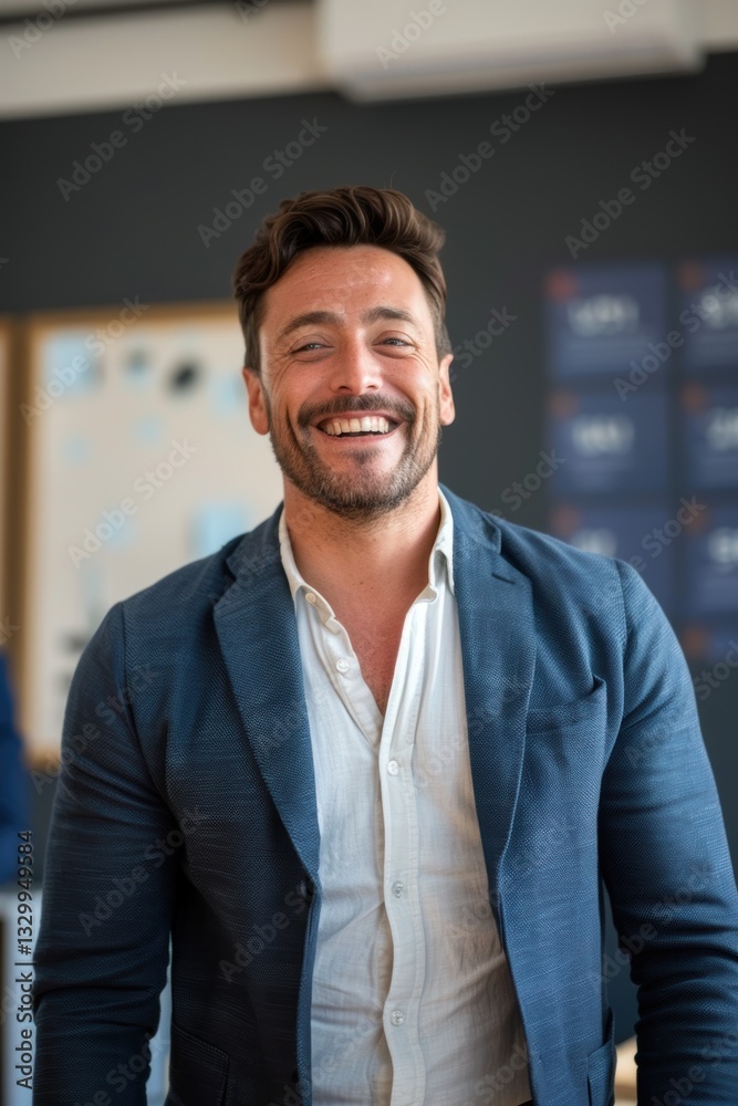 Fototapeta premium Man wearing a blue jacket and white shirt is smiling