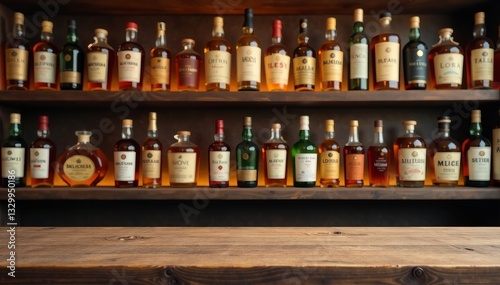 A collection of various whiskey bottles displayed on a rustic wooden shelf.