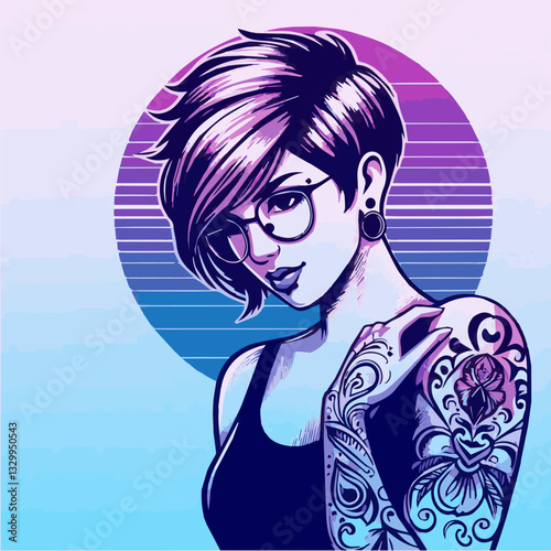 A woman with a tattoo on a pale blue purple background. Vector graphics. EPS.