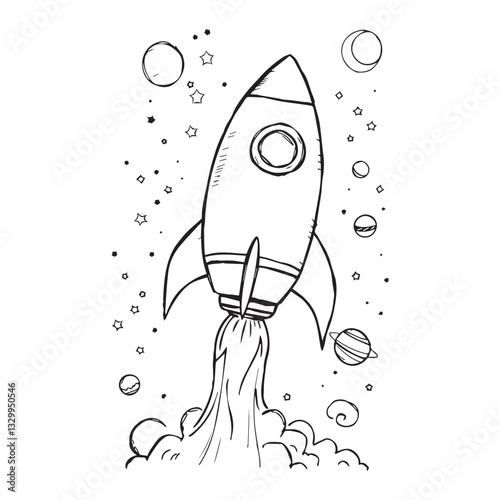 Rocket Launch into Space Coloring Outline