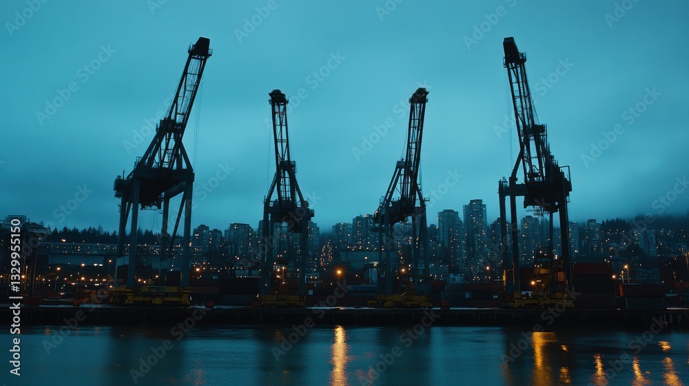 Obraz premium Nighttime City Skyline with Silhouetted Cranes