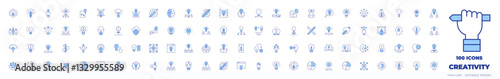100 Creativity Icons Collection. Line Duotone style, editable stroke. paint brush, teamwork, synergy, idea, innovation, exchange ideas, bulb, knowledge, ingenuity, team