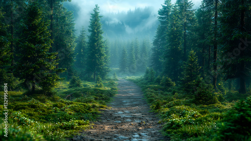 Misty Evergreen Forest, Cinematic Landscape, Serene Nature View

