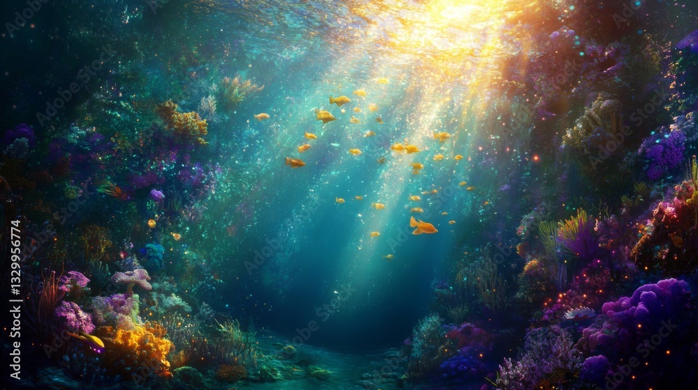 Fototapeta premium Vibrant Underwater Coral Reef Scene with Goldfish and Sunlight