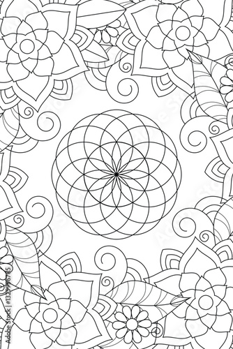 Floral frame with sacred geometry sacred geometry symbol. Bohemian spiritual design template. Black and white zentangle inspired image to color.
