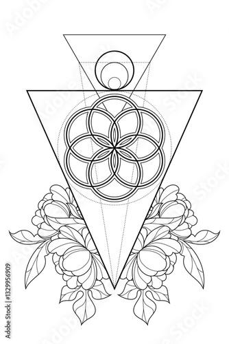 Floral tattoo with sacred geometry flower of life symbol. Flowers with triangles and circles. Modern hipster black and white delicate spiritual hipster illustration with bohemian vibe.