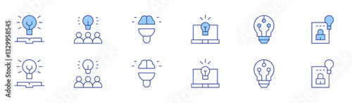 Creativity icon set in two styles, Duotone and Thin Line style. Editable stroke. laptop, innovation, intellectual property, knowledge, idea