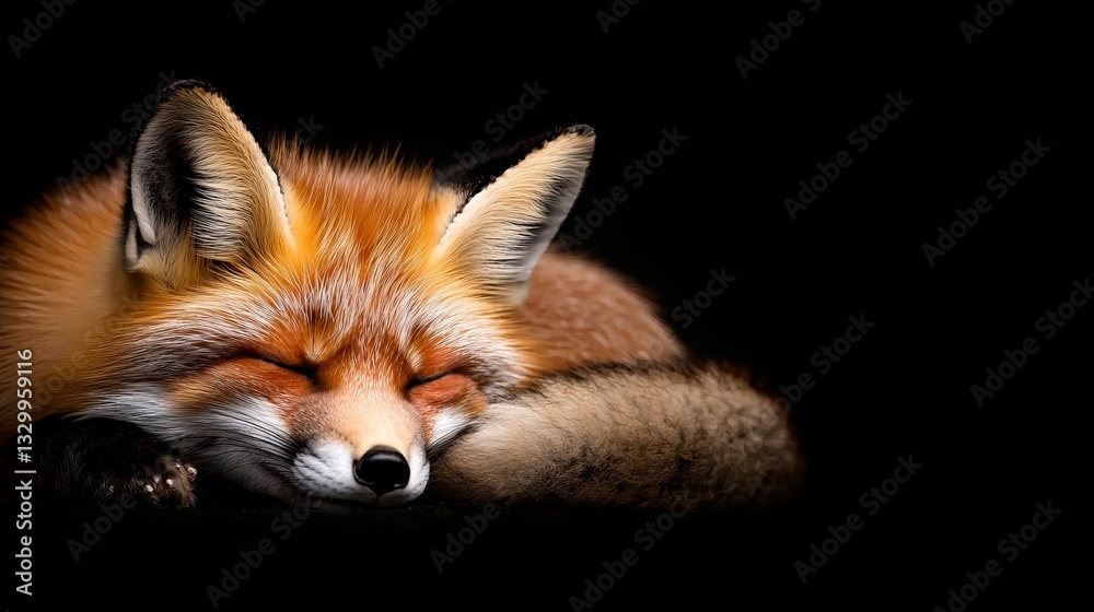 a red fox sleeping peacefully on top of a black surface, its fur a deep red color a red fox sleeping peacefully on top of a black surface, its fur a deep red color