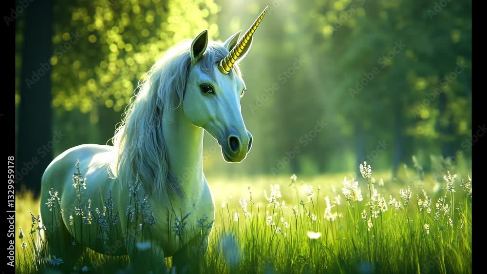 Majestic unicorn standing in lush, sunlit forest glade with blooming flowers