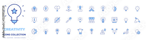 Creativity icons collection. Line Duotone style, editable stroke. idea, tablet, knowledge, solution, puzzle, innovative, light bulb, creativity, creative thinking