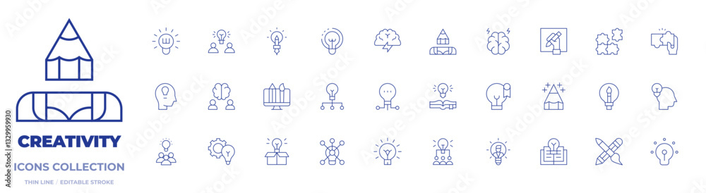 Creativity icons collection. Thin Line icons, editable stroke. brainstorming, idea, puzzle, viral, brain, brainstorm, light bulb, team, creative, creativity Creativity icons collection. Thin Line icons, editable stroke. brainstorming, idea, puzzle, viral, brain, brainstorm, light bulb, team, creative, creativity