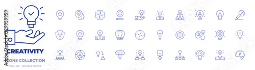 Creativity icons collection. Thin Line icons, editable stroke. blended learning, thought leadership, brainstorm, idea, lightbulb, knowledge, option, puzzle