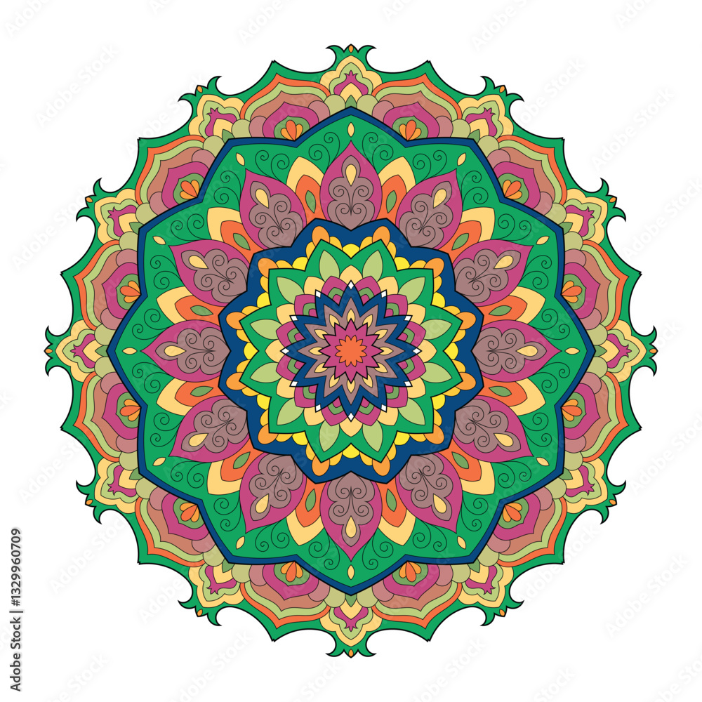 Naklejka premium Colorful zentangle mandala. Vibrant Spiritual background with Moroccan, Islamic, Arabic, Indian, and Ottoman Influences. 