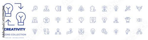 Creativity icons collection. Thin Line icons, editable stroke. virtual lab, problem solving, hypothesis, idea, brainstorming, exchange ideas, understand