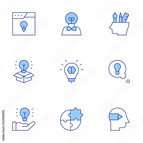 Creativity icons set. Line Duotone style, editable stroke. main idea, creative, designer, idea, puzzle, hand, art and design