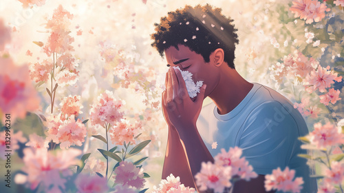Man suffering from spring allergies in blooming flower field