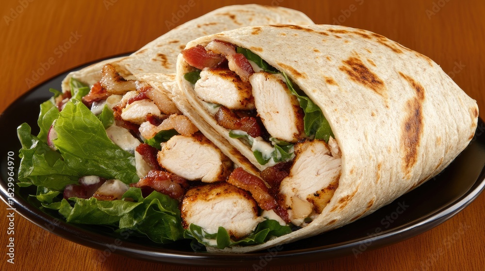 Enjoy a close-up view of grilled chicken wrapped in a tortilla with crispy bacon, served alongside a fresh salad Enjoy a close-up view of grilled chicken wrapped in a tortilla with crispy bacon, served alongside a fresh salad