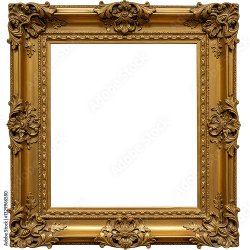 Ornate golden picture frame in baroque style with intricate floral details, gilded edges, and a luxurious antique appearance, isolated on white background